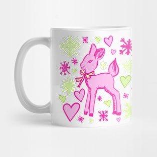 Fawn with Hearts and Snowflakes, Pink and Green Mug